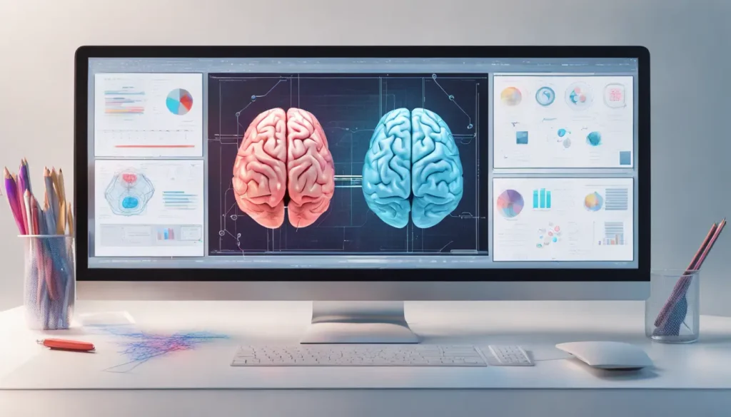 Interfaz AI software para el desarrollo de aplicaciones con modelo 3D de cerebros interconectados e íconos de aplicaciones flotantes.