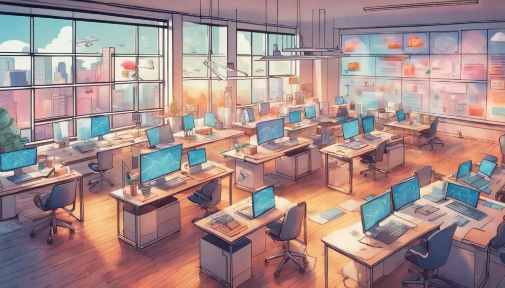 Imagem de um escritório moderno com quinze pequenas mesas, cada uma com um laptop mostrando gráficos e modelos 3D de serviços variados, ideal para ilustrar o faturamento de Micro SaaS de IA.