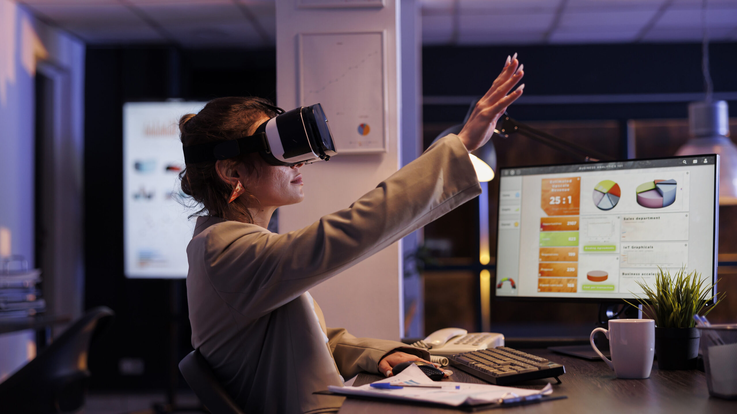 Executive manager wearing virtual reality headset