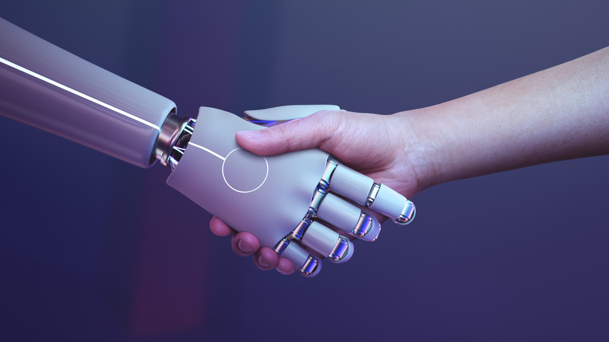 Robot handshake human background, futuristic digital age