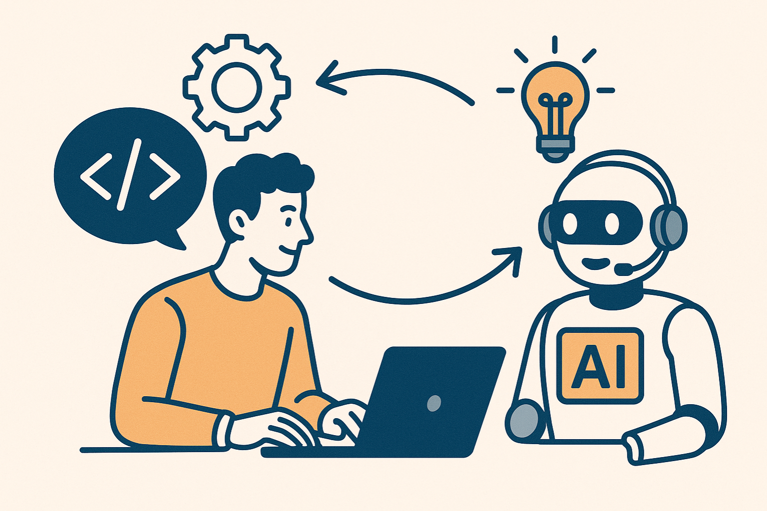 Diagrama que ilustra la colaboración entre un desarrollador y un sistema de inteligencia artificial como copiloto.