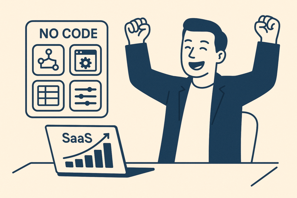 Ilustración de un fundador celebrando un gráfico de crecimiento de SaaS en una computadora portátil con aplicaciones No Code visibles.