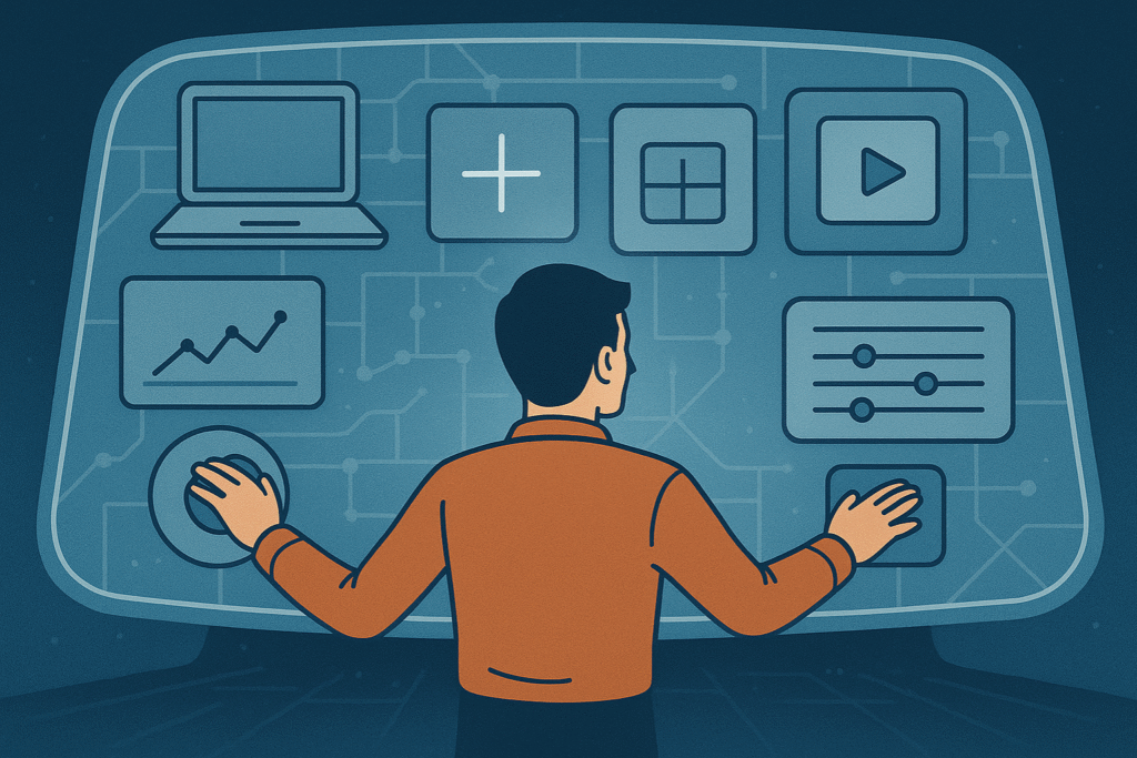 Ilustración de un desarrollador Low Code al mando de un panel de creación de aplicaciones futurista, que simboliza el dominio de las herramientas de IA.