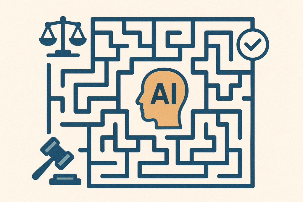 Imagen conceptual de un laberinto legal y ético que simboliza los desafíos de la implementación de la inteligencia artificial.