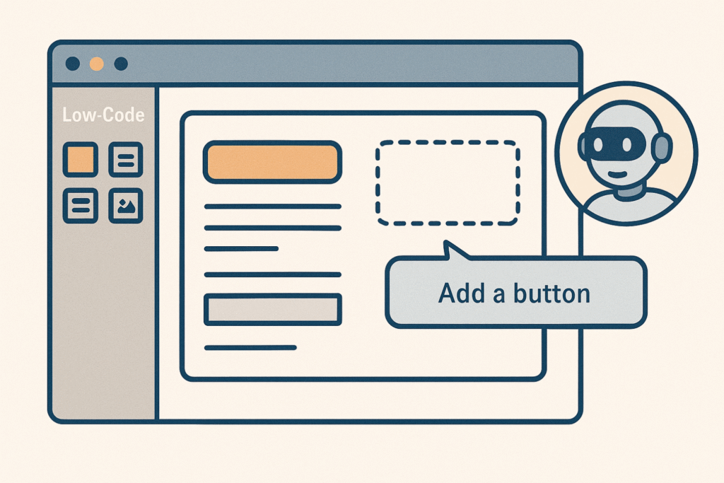 Interfaz de plataforma de bajo código con un asistente de IA que sugiere la siguiente acción o componente.