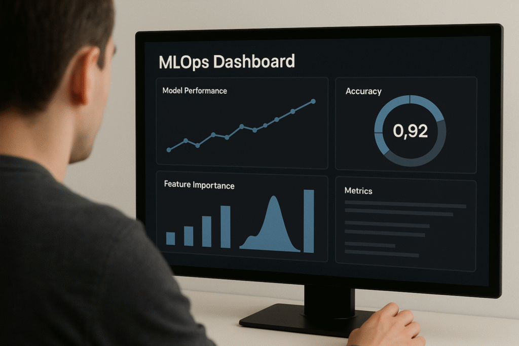 Una persona utiliza un panel de control de MLOps para comprobar el rendimiento de un modelo de inteligencia computacional en tiempo real.