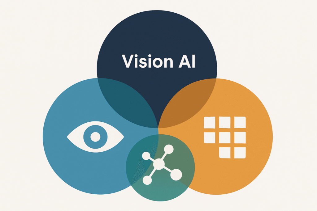Diagrama conceptual de la IA de visión y sus subáreas: Visión por computadora, Aprendizaje automático y Reconocimiento de patrones.