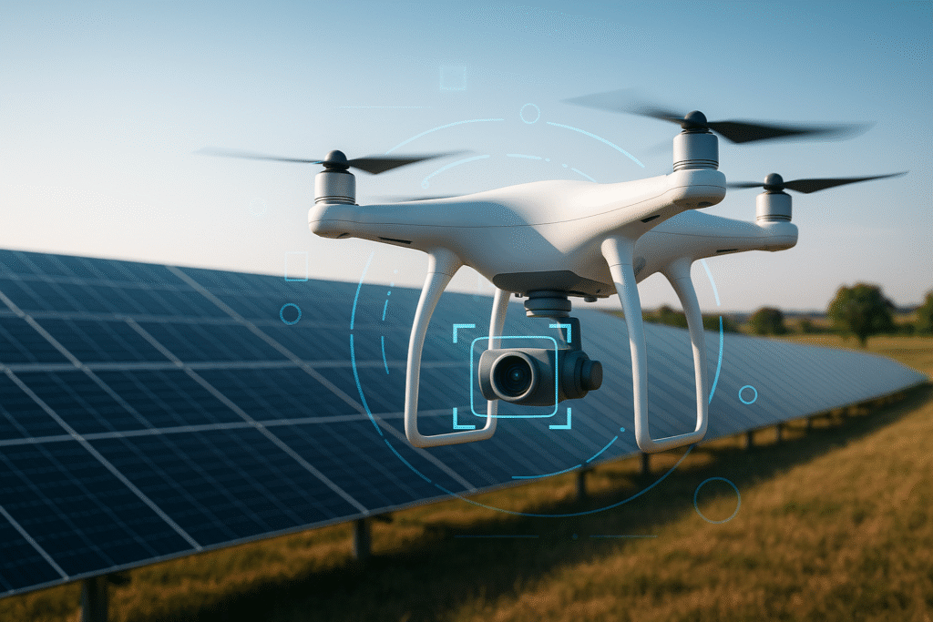 Ilustración de un dron que utiliza inteligencia artificial de visión para inspeccionar paneles solares en una granja.