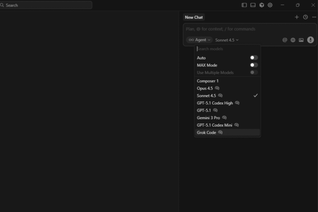 Menu de seleção de modelos de IA dentro do Cursor, destacando as opções Claude 4.5 Sonnet, GPT 5.1 e cursor small