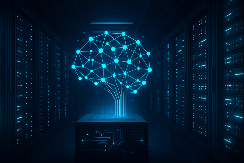 Representación visual futurista de una red neuronal siendo procesada en un centro de datos, que simboliza la infraestructura de IA detrás de Vision AI.