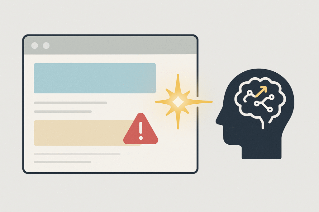 Un agente de IA (LLM) corrige un error de diseño o de Core Web Vital en tiempo real, lo que simboliza la depuración asistida por IA.