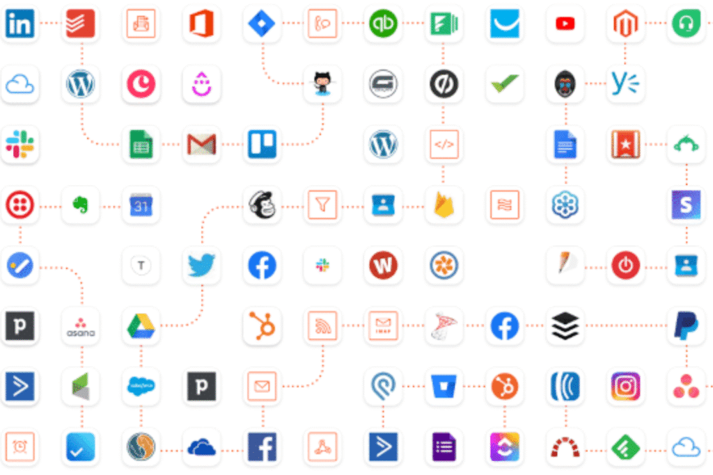 Íconos de varias herramientas populares como Google Sheets, Slack y OpenAI conectados al logotipo n8n, que simboliza la integración.