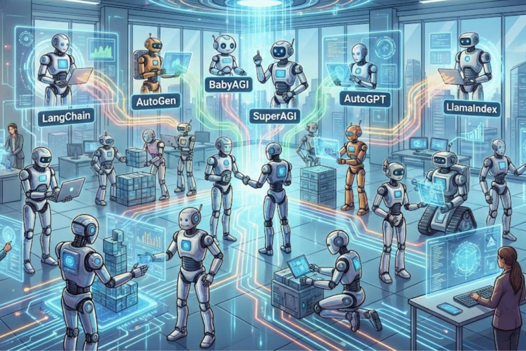 Ilustración futurista que muestra la conexión entre varios robots digitales que trabajan juntos, representando marcos para crear agentes de IA en un entorno corporativo.