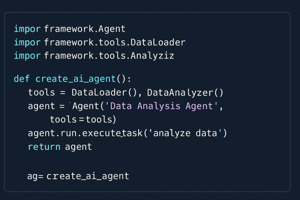 Interfaz de código que muestra un script de Python que utiliza marcos para crear agentes de IA para automatizar una tarea de análisis de datos.