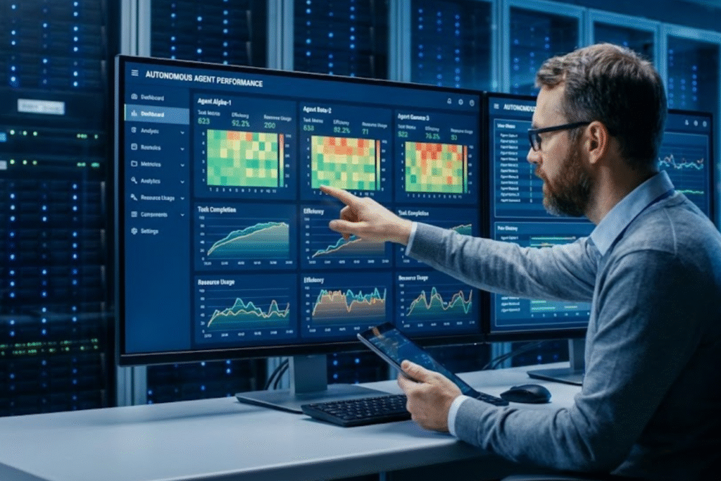 Profesional de TI que analiza métricas de rendimiento de múltiples agentes autónomos en un tablero moderno.